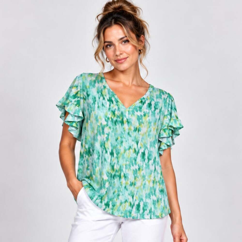 Susan Graver Liquid Knit Blouse Women's Size 1X Green Office Casual Cottage